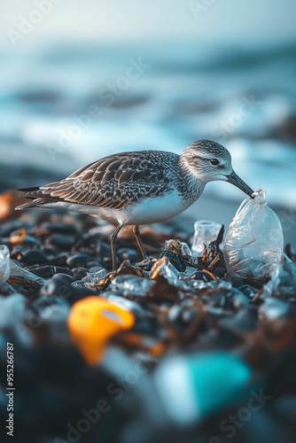 Wallpaper Mural A Bird Searching for Food in a Pile of Plastic Debris on a Beach Torontodigital.ca