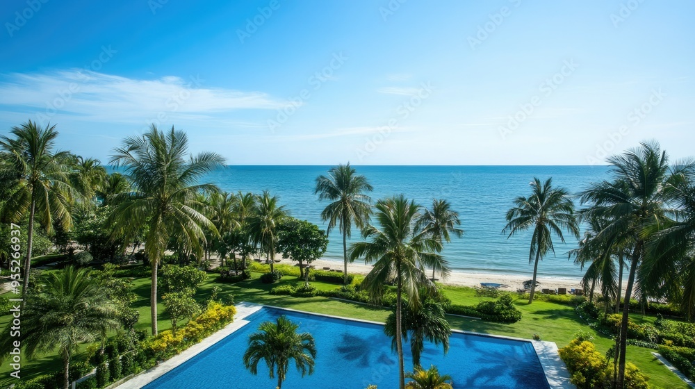Scenic view from a serviced condominium in Hua Hin, Thailand, overlooking a serene swimming pool, palm trees, and the calm sea under a bright and clear sky Scenic view from a serviced condominium in Hua Hin, Thailand, overlooking a serene swimming pool, palm trees, and the calm sea under a bright and clear sky