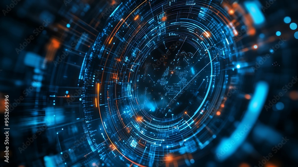 A dynamic digital vortex with glowing blue and orange elements, representing a global data network and advanced technology in a futuristic setting. A dynamic digital vortex with glowing blue and orange elements, representing a global data network and advanced technology in a futuristic setting.