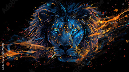Majestic Blue Flame Lion Roaring in Cosmic Space, Vibrant Digital Art Illustration with Dark Background..