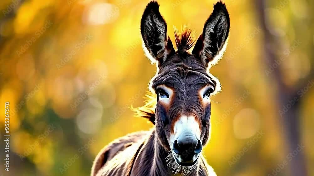 A donkey is standing in front of a yellow and orange background A donkey is standing in front of a yellow and orange background
