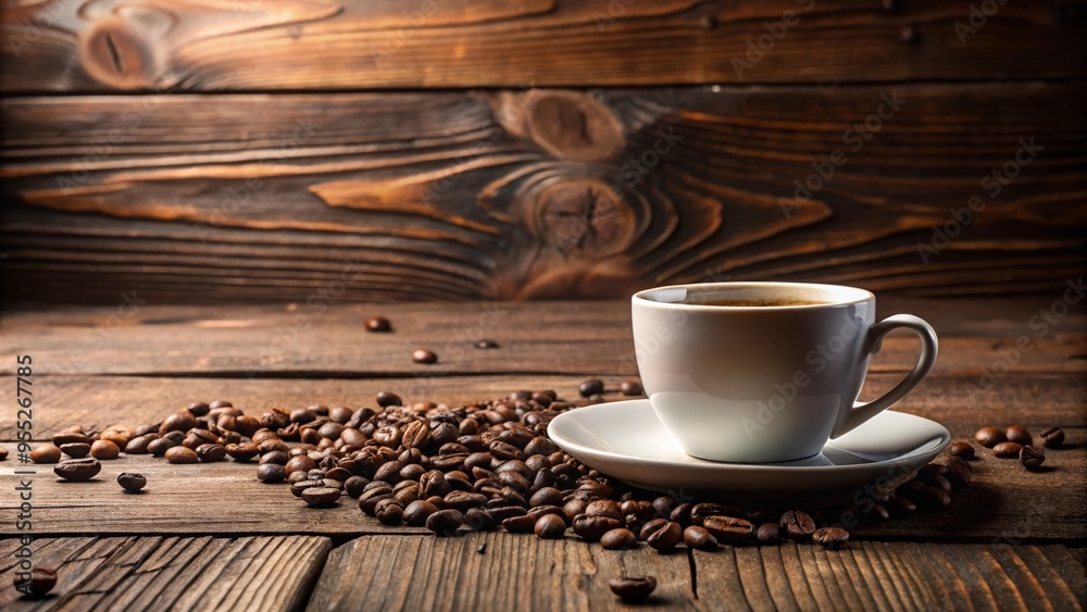 A serene coffee cup placed on a wooden table surrounded by coffee beans, perfect for cozy mornings and warm moments. A serene coffee cup placed on a wooden table surrounded by coffee beans, perfect for cozy mornings and warm moments.