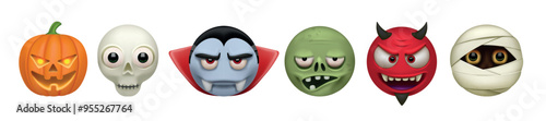 Halloween emoji. Monster smile faces. 3D zombie and demon emoticons. Cute fear pumpkin character. Spooky ghost and bat. Dracula vampire. Skeleton skull. Vector caricature evil icons set