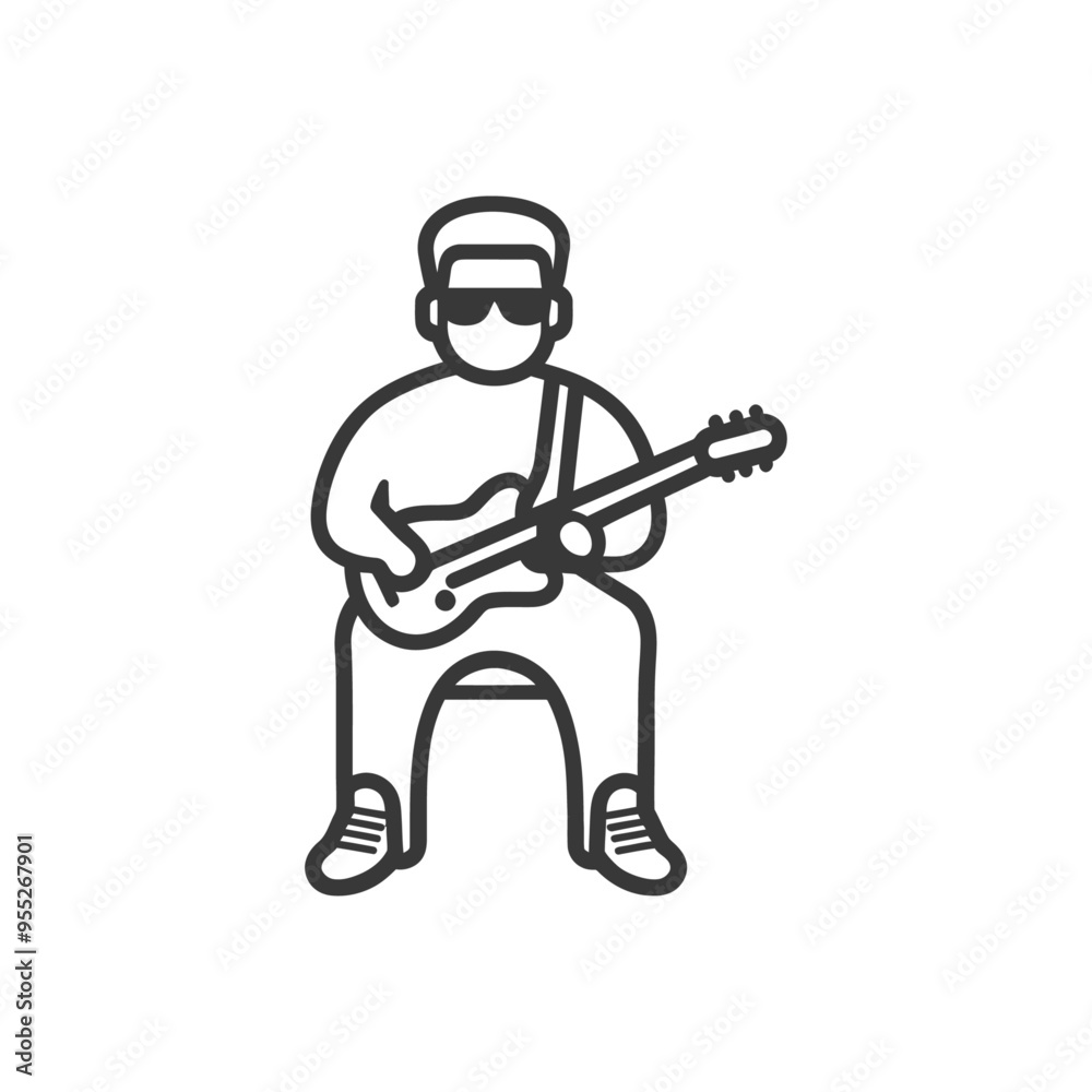Line drawing of a person sitting and playing guitar Line drawing of a person sitting and playing guitar