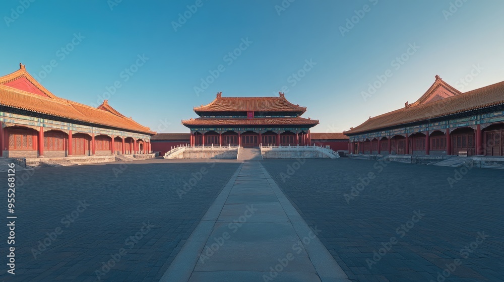 Fototapeta premium The Forbidden City in Beijing, China, with no tourists, highlighting the historical buildings and empty courtyards under clear blue skies.