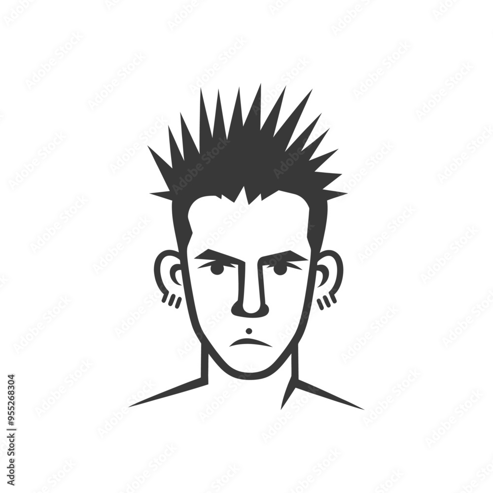 A black and white illustration of a man with spiky hair and piercings A black and white illustration of a man with spiky hair and piercings