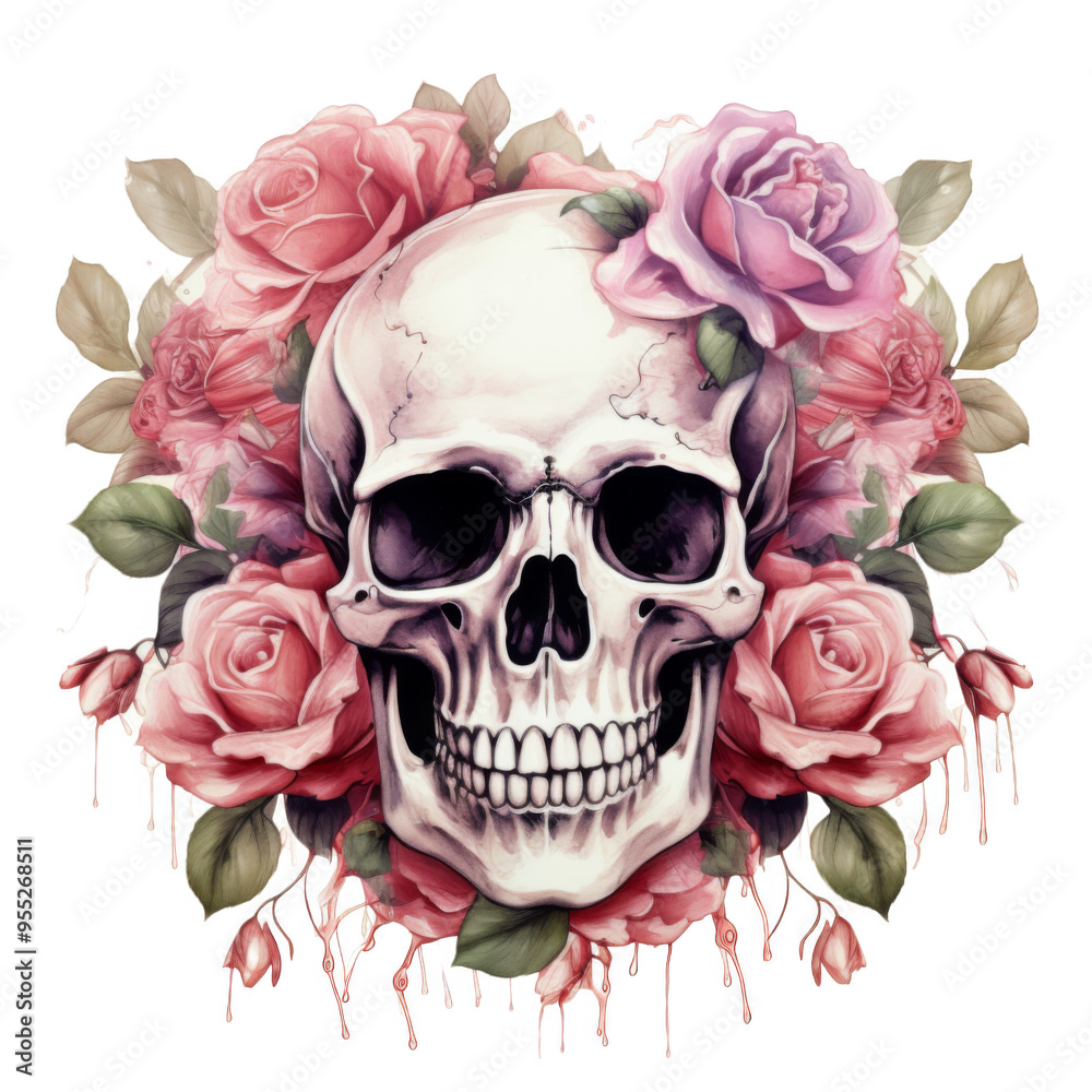 Fototapeta premium A Human Skull Adorned with Pink Roses and Dripping Blood