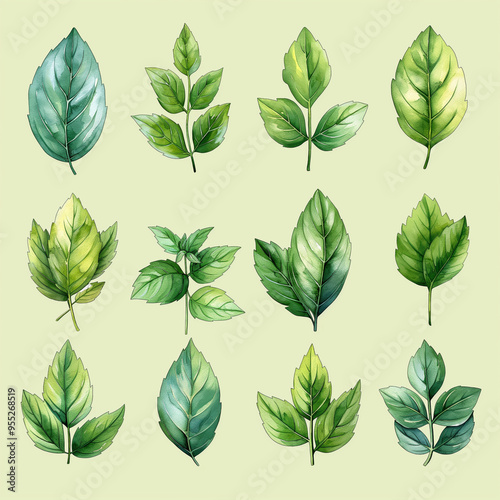 A collection of watercolor leaves with varying sizes and shapes