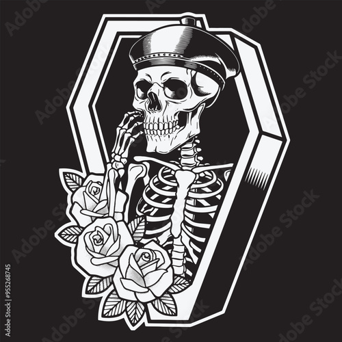 skull with coffin and roses