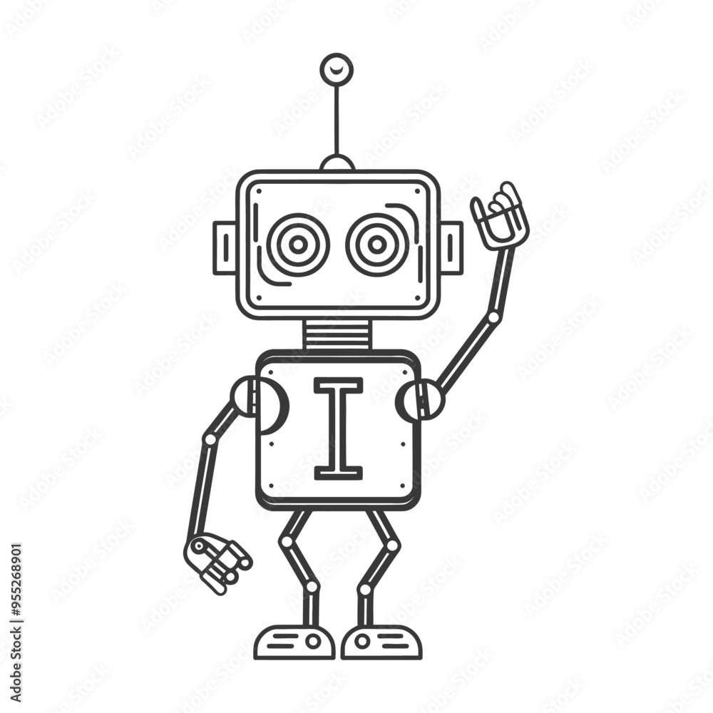 Line Drawing of a Cartoon Robot Waving with a I on its Chest Line Drawing of a Cartoon Robot Waving with a I on its Chest