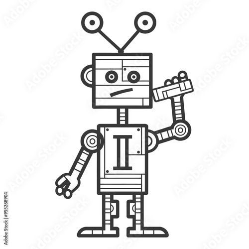 A Black and White Illustration of a Robot Holding a Camera