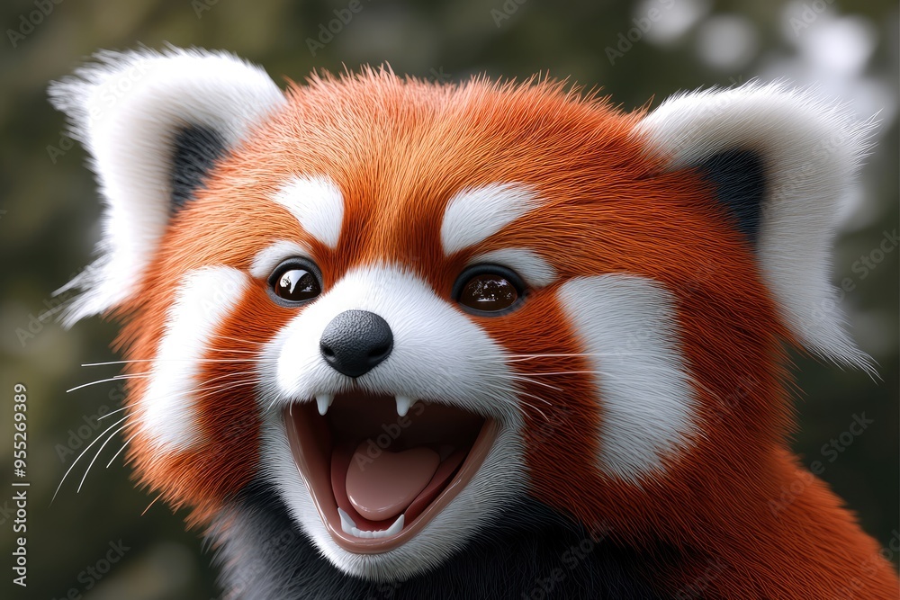 Enthusiastic red panda smiles brightly in vibrant, lush greenery during a sunny afternoon, showcasing its charming expression and playful spirit Enthusiastic red panda smiles brightly in vibrant, lush greenery during a sunny afternoon, showcasing its charming expression and playful spirit