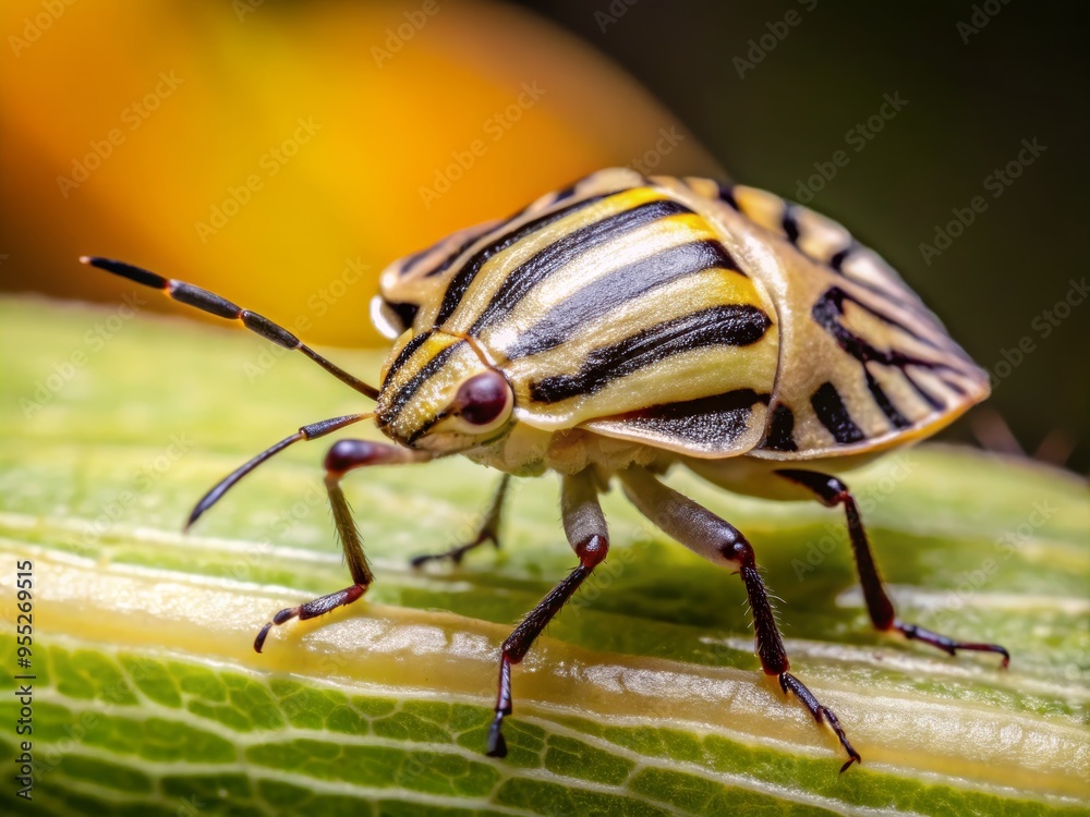 Naklejka premium Close-up of a striped beetle resting on a leaf, showcasing its unique coloration and intricate details.