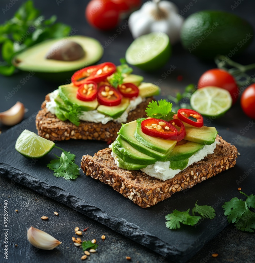 Fresh and healthy avocado toast prepared on dark slate. Colorful toppings add flavor and appeal. Perfect for breakfast or snack time. Generative AI Fresh and healthy avocado toast prepared on dark slate. Colorful toppings add flavor and appeal. Perfect for breakfast or snack time. Generative AI