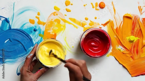 Vibrant creative paint splashes. Brightly colored paint being poured onto a white surface, symbolizing creativity, artistic expression, and dynamic design. Ideal for artistic, marketing projects.