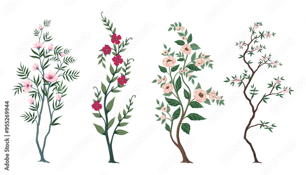 Flower tree branches. Rose peony cherry and sakura. Decorative isolated elements with summer leaves and blossoms. Wedding nature elegant rustic design. Floral poster. Vector illustration set Flower tree branches. Rose peony cherry and sakura. Decorative isolated elements with summer leaves and blossoms. Wedding nature elegant rustic design. Floral poster. Vector illustration set