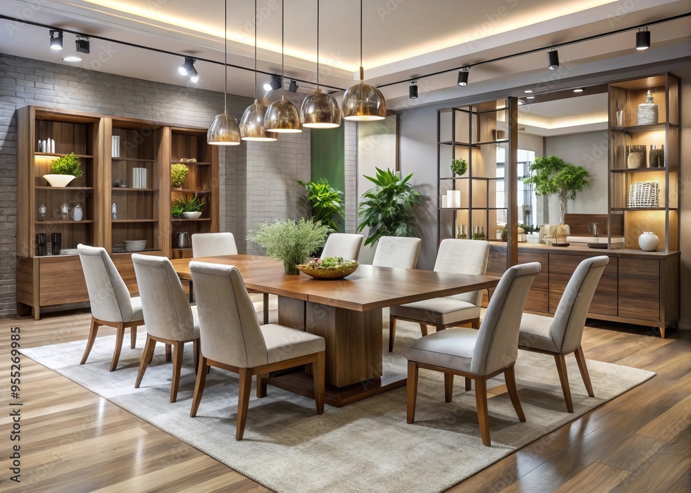 Modern dining room furniture on display in a spacious showroom, showcasing sleek designs and inviting settings that