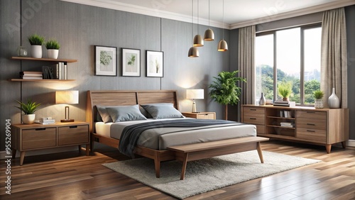 Modern bedroom set designed for tiny apartments, boasting a versatile bed, built-in nightstands, a slim dresser, and a