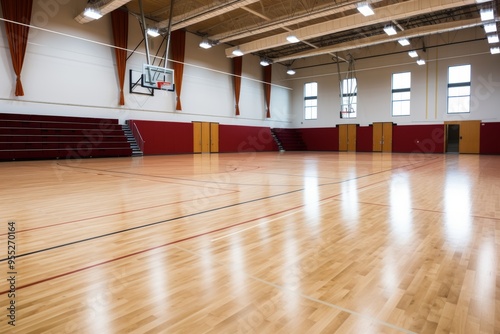 Spacious sports hall for school lessons, equipped for various athletic activities and training photo