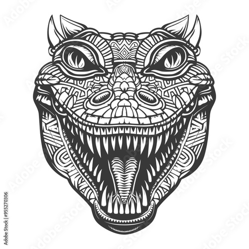 A Detailed Black and White Illustration of a Dragons Head with an Open Mouth and Sharp Teeth