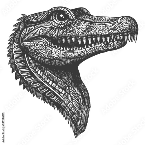 Detailed Black and White Illustration of a Dinosaurs Head with Intricate Patterns