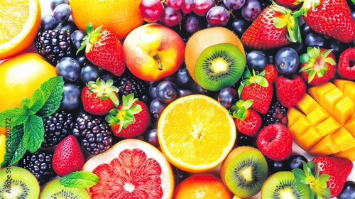 colorful assortment of fresh fruits strawberries, kiwi, and oranges top view food photography