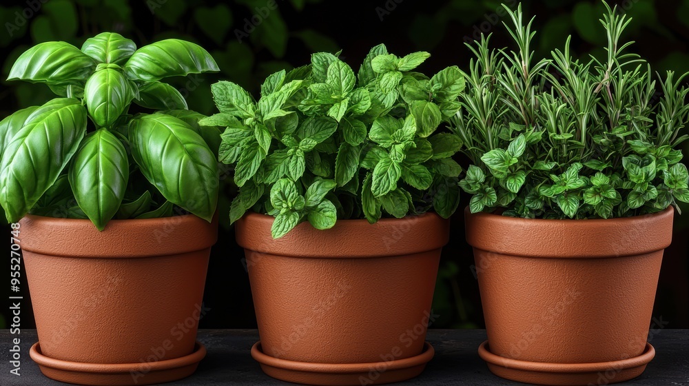 A beautiful arrangement of fresh herbs in terracotta pots, showcasing vibrant basil, mint, and rosemary leaves for culinary use. A beautiful arrangement of fresh herbs in terracotta pots, showcasing vibrant basil, mint, and rosemary leaves for culinary use.