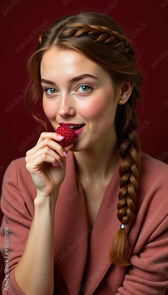 A portrait of a young woman enjoying a fresh strawberry, radiating beauty and vitality against a rich red background, perfect for wellness and food-related projects. A portrait of a young woman enjoying a fresh strawberry, radiating beauty and vitality against a rich red background, perfect for wellness and food-related projects.