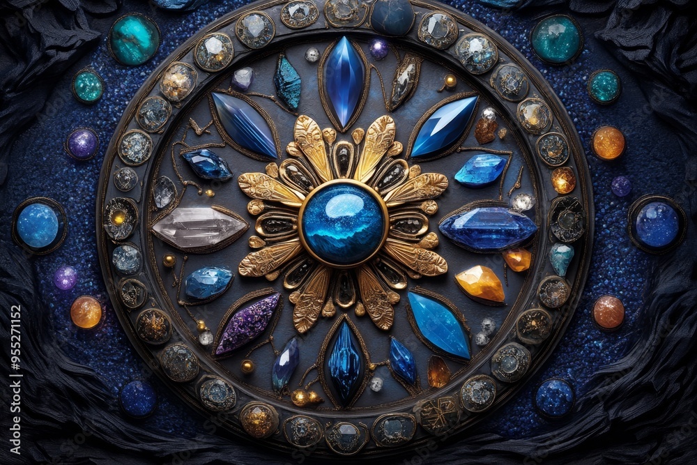 Obraz premium Zodiac signs with their associated crystals, depicted in a scene where each zodiac sign is paired with its corresponding healing crystal, shown in a mystical setting with glowing auras and celestial