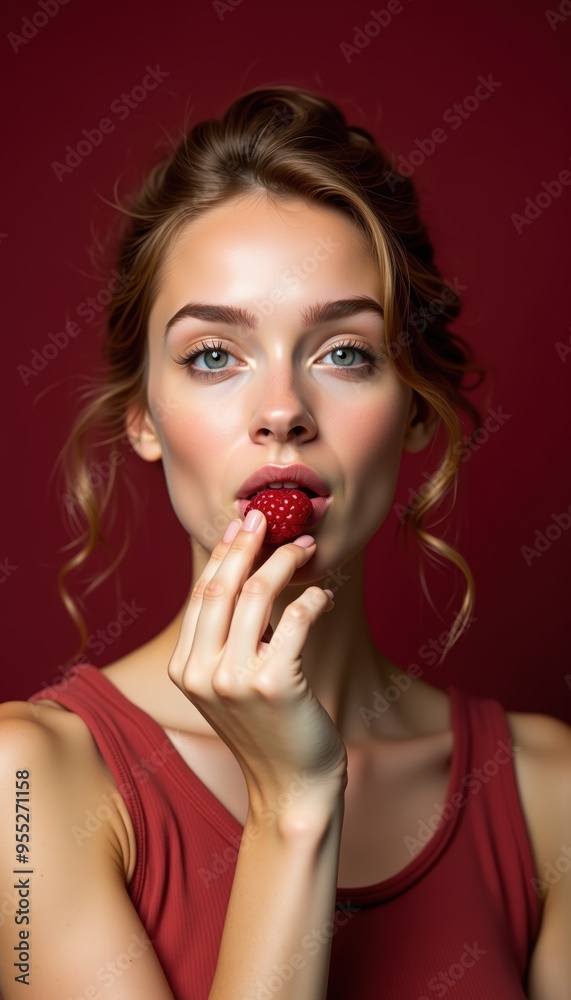 A captivating portrait of a young woman enjoying a strawberry, showcasing beauty and health. Perfect for wellness, cosmetic, and food-related projects. A captivating portrait of a young woman enjoying a strawberry, showcasing beauty and health. Perfect for wellness, cosmetic, and food-related projects.