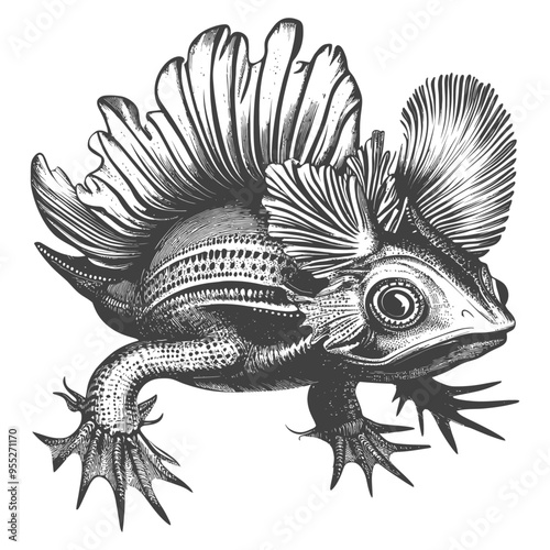 Hand drawn illustration stylized fantastical amphibian creature with large fins and prominent eyes