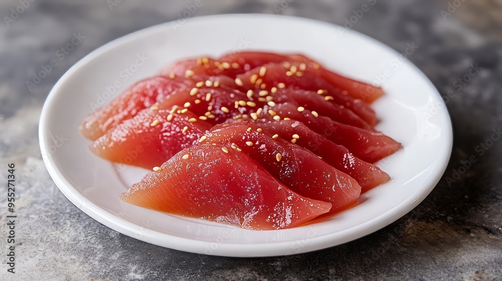 Thinly sliced raw tuna on a white plate with sesame seeds. Thinly sliced raw tuna on a white plate with sesame seeds.