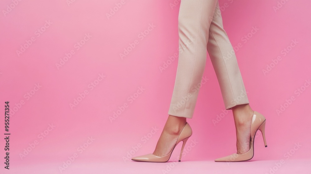 Legs of young woman in trousers and beige open-toed high heels on pink background Legs of young woman in trousers and beige open-toed high heels on pink background