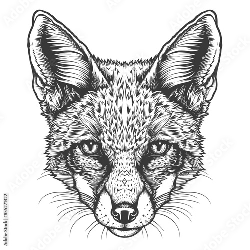 Black and White Detailed Illustration of a Foxs Head