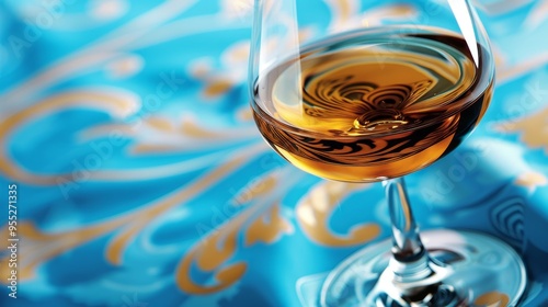 Close-up of Golden Liquid Swirling in a Wine Glass Against a Vibrant Blue and Gold Patterned Fabric photo