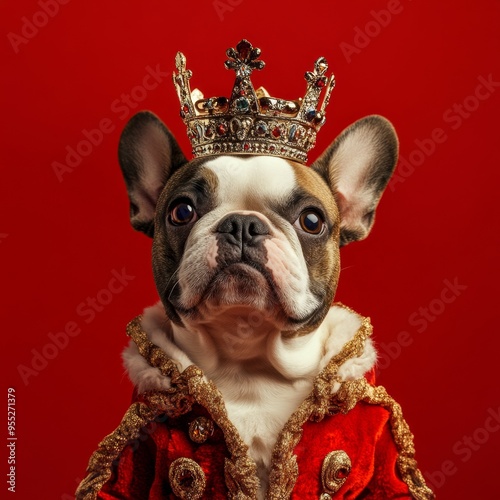 Regal Dog in Crown and Royal Attire: Adorable Canine Portrait on Red Background. Vintage-Inspired Pet Concept for NFT Art, Apparel Design, and Luxurious Marketing Campaigns. Perfect for Noble Pet Merc photo