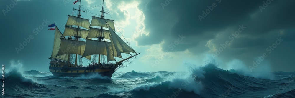 A majestic sailing ship battles through dramatic waves under a stormy sky, evoking a sense of adventure and resilience on the open sea. A majestic sailing ship battles through dramatic waves under a stormy sky, evoking a sense of adventure and resilience on the open sea.