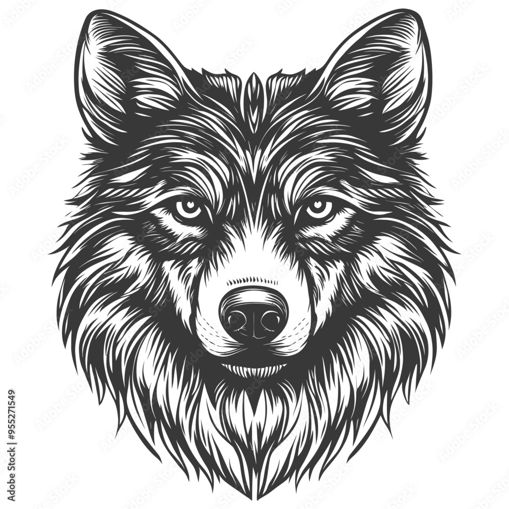 Naklejka premium Black and White Illustration of a Wolfs Head