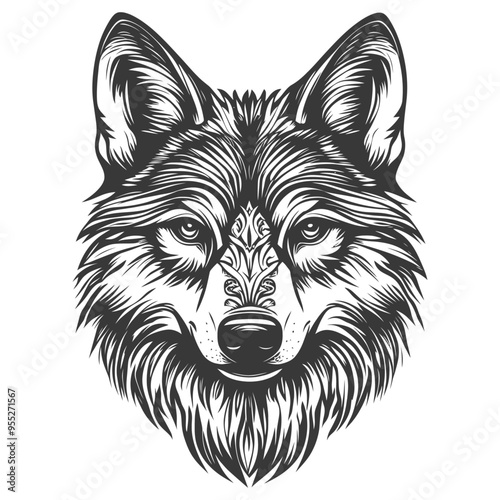 Black and White Line Art Illustration of a Wolfs Head