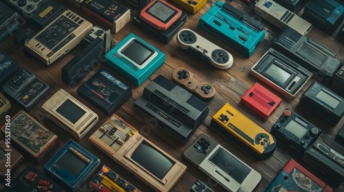 Retro Gaming Nostalgia: Flat Lay of Consoles and Cartridges photo