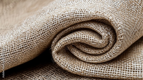 Close-up of rolled burlap fabric showcasing its texture and natural fibers, perfect for rustic designs and crafts. photo