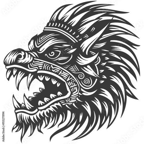 Wallpaper Mural Black and White Illustration of a Ferocious Animal Head with Tribal Headwear Torontodigital.ca