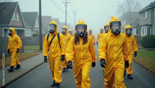 A group of workers in yellow protective suits walking through a foggy neighborhood, highlighting safety and environmental awareness.