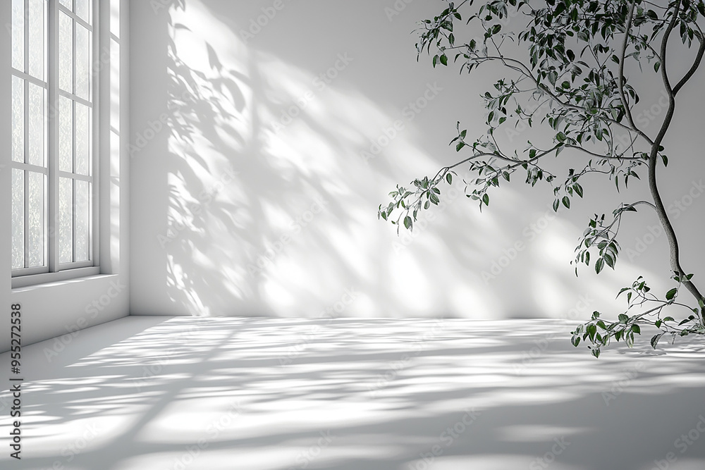 Fototapeta premium A white room with a large tree in the corner