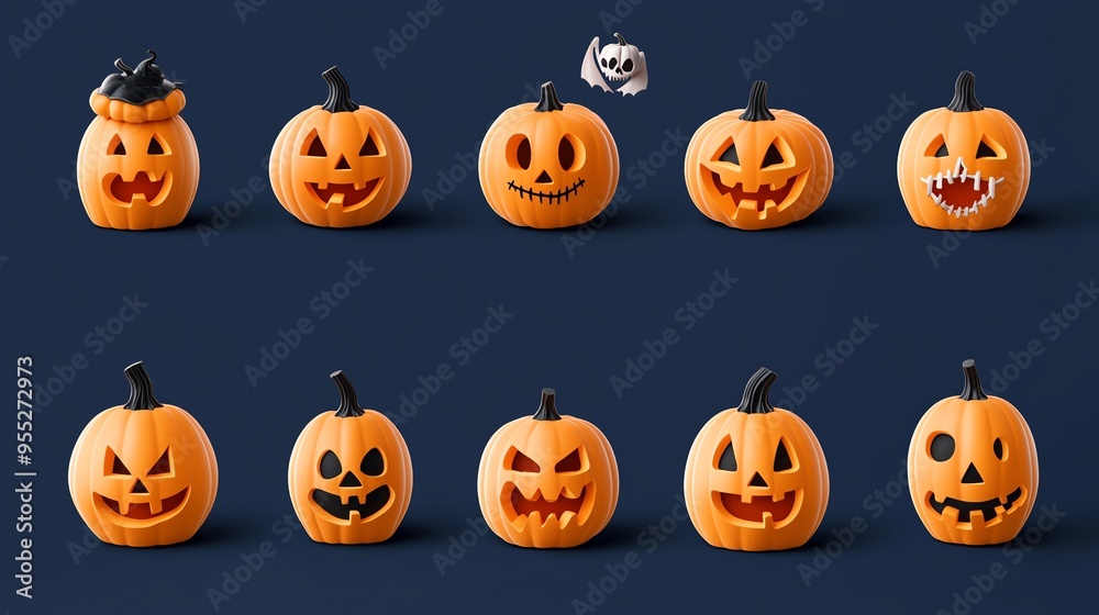A collection of spooky and smiling Halloween pumpkins set against a dark background, perfect for festive decoration or event. A collection of spooky and smiling Halloween pumpkins set against a dark background, perfect for festive decoration or event.