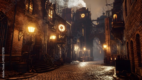 A dark, atmospheric steampunk city street lit by glowing lamps, featuring detailed architecture and a mysterious, vintage ambiance.