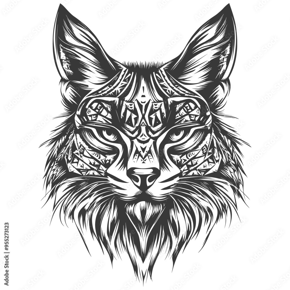 Obraz premium Detailed Black and White Illustration of a Wildcats Head with Geometric Pattern