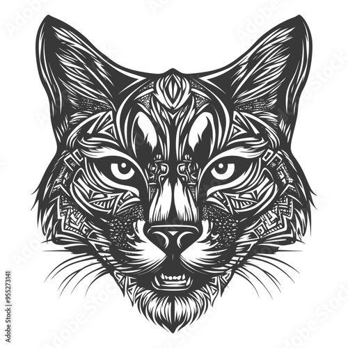 Black and White Detailed Illustration of a Cats Head with Geometric Patterns photo