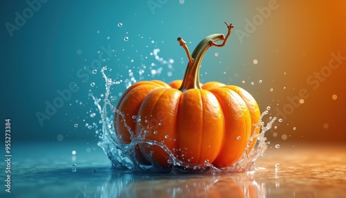 A vibrant orange pumpkin splashes in water, showcasing freshness and creativity. Perfect for autumn-themed projects, culinary arts, and seasonal marketing. photo