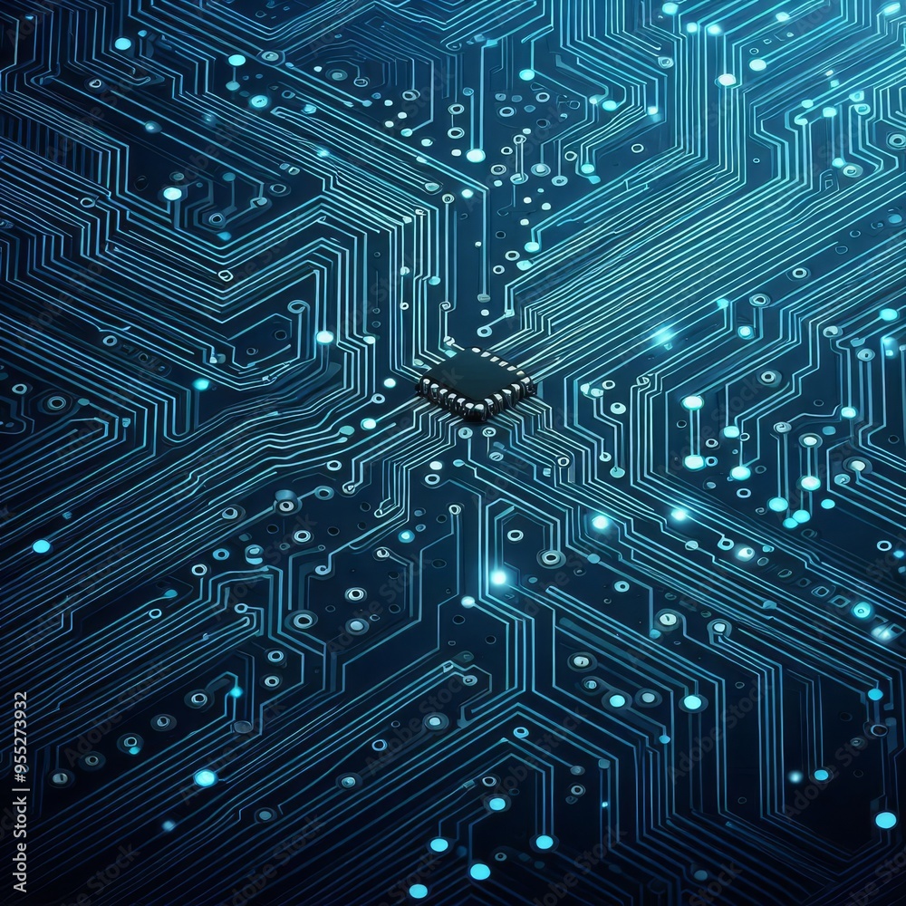 Thin circuit trace lines in blue on a dark technology background. Abstract digital tech bg. Electronics and computer technology concept. Chip and circuit board. Vector illustration. Chip connectors
Thin circuit trace lines in blue on a dark technology background. Abstract digital tech bg. Electronics and computer technology concept. Chip and circuit board. Vector illustration. Chip connectors